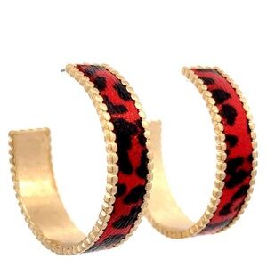 Gold Hoop Earrings with Red Leopard Print Accent